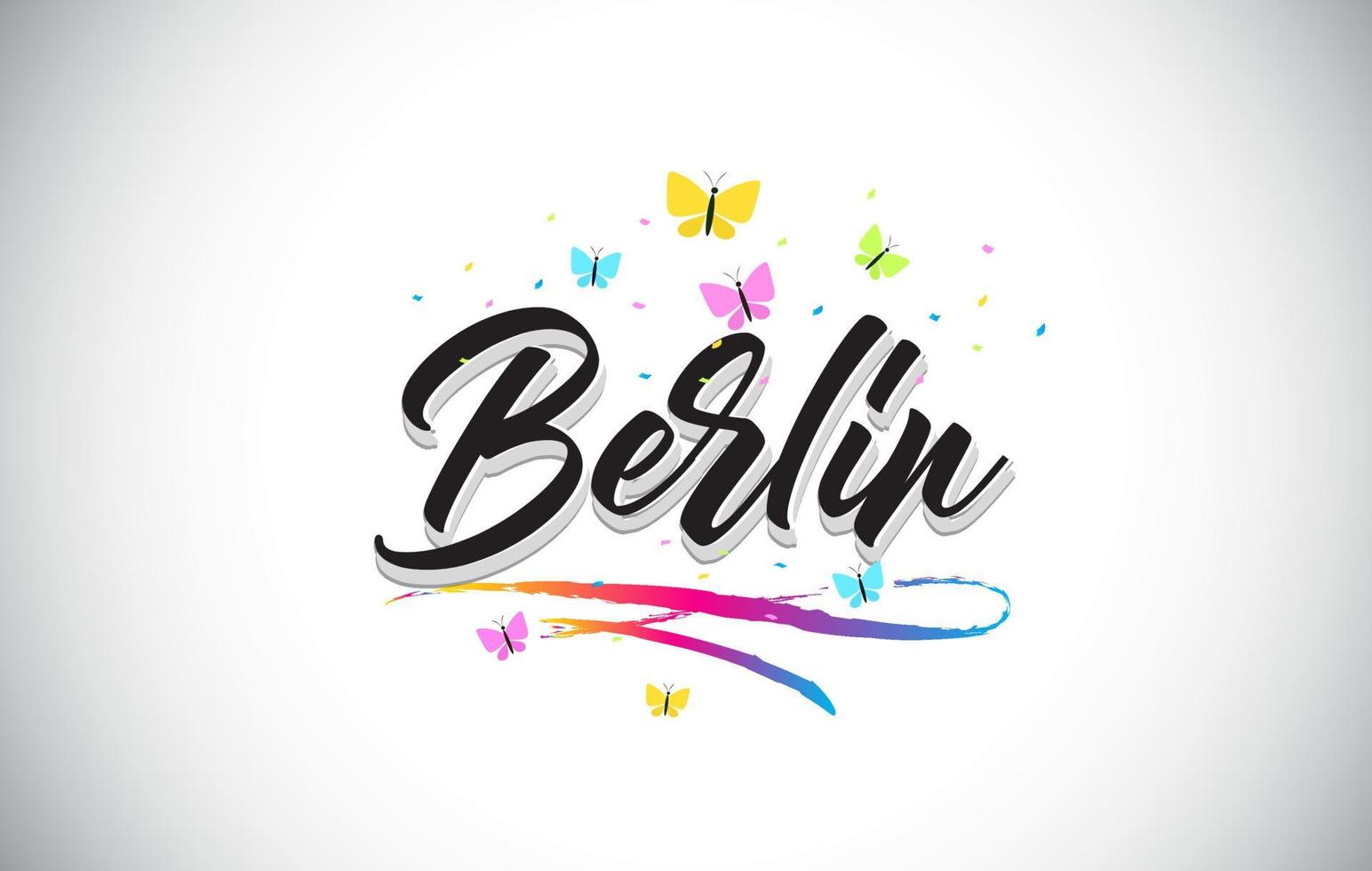 Berlijn handgeschreven vector word-tekst met vlinders en kleurrijke swoosh.