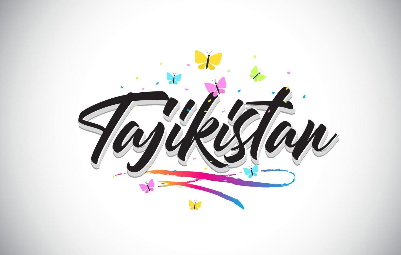 Tadzjikistan handgeschreven vector word-tekst met vlinders en kleurrijke swoosh.