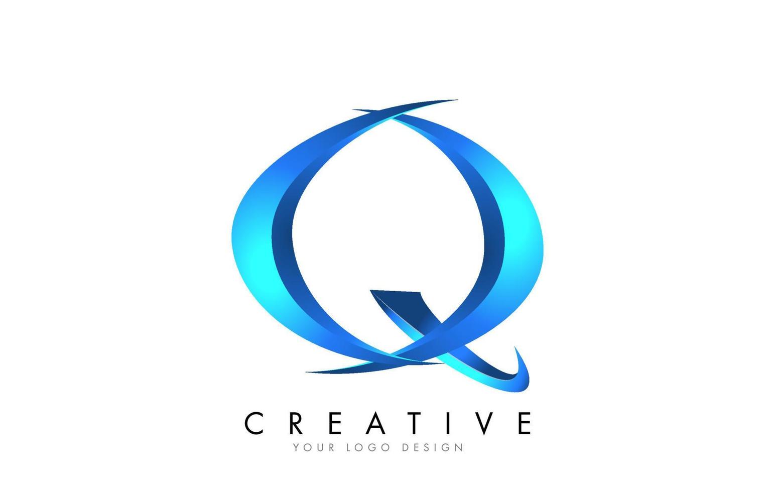 creatief q-letterlogo met blauwe 3D-heldere sierletters. blauwe swoosh pictogram vector. vector