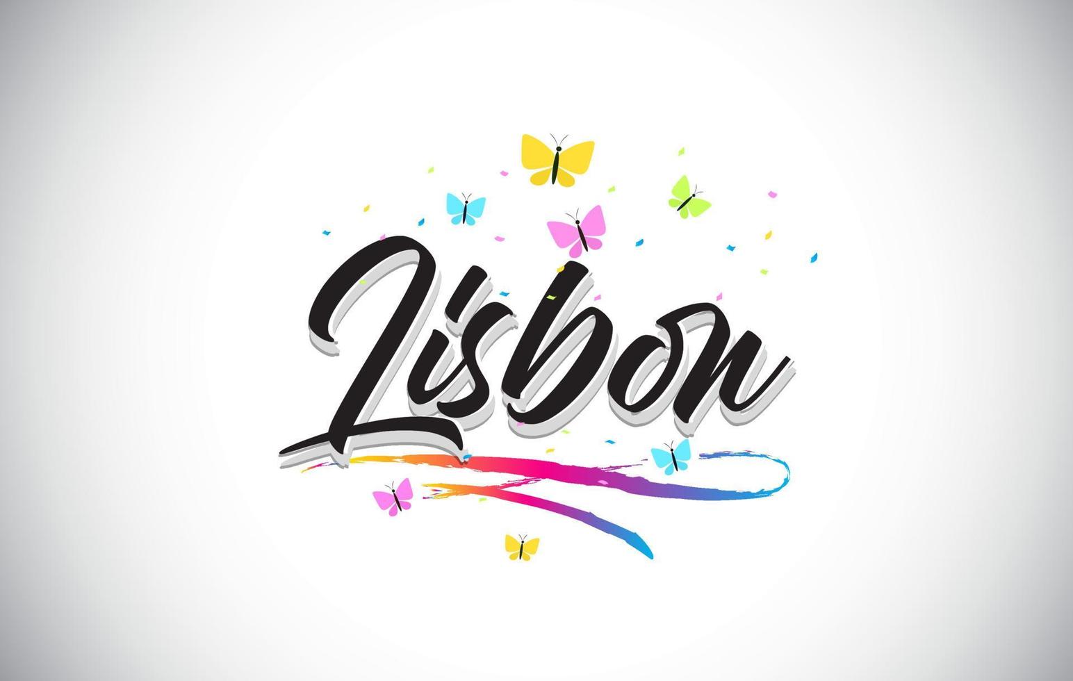 Lissabon handgeschreven vector word-tekst met vlinders en kleurrijke swoosh.