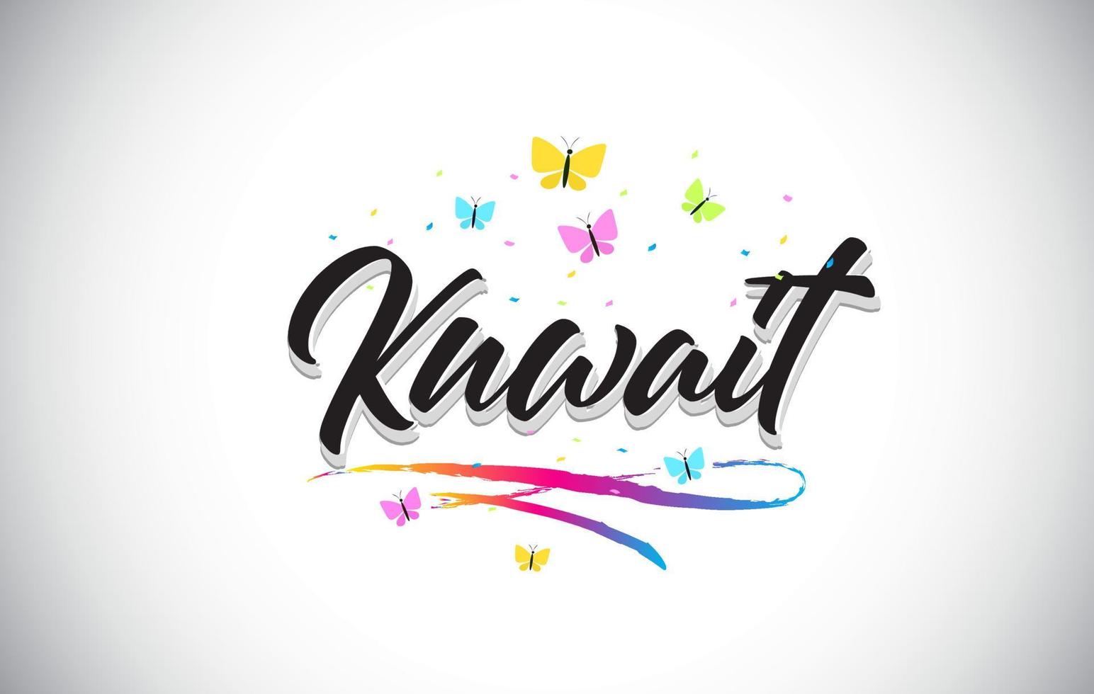 Koeweit handgeschreven vector word-tekst met vlinders en kleurrijke swoosh.