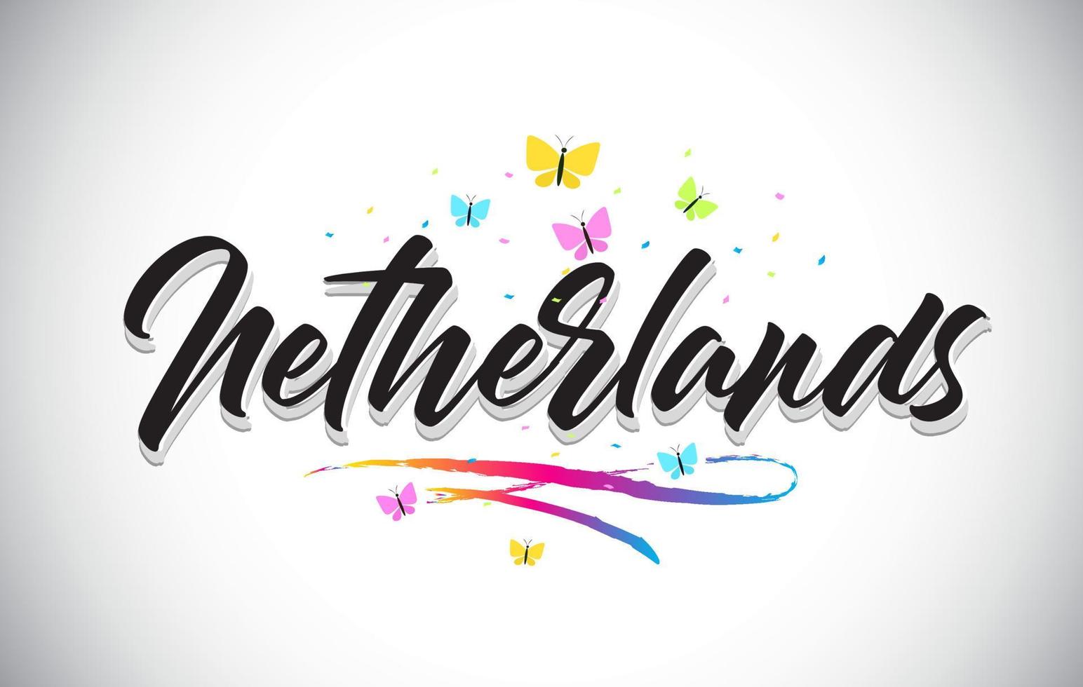 nederland handgeschreven vector word-tekst met vlinders en kleurrijke swoosh.