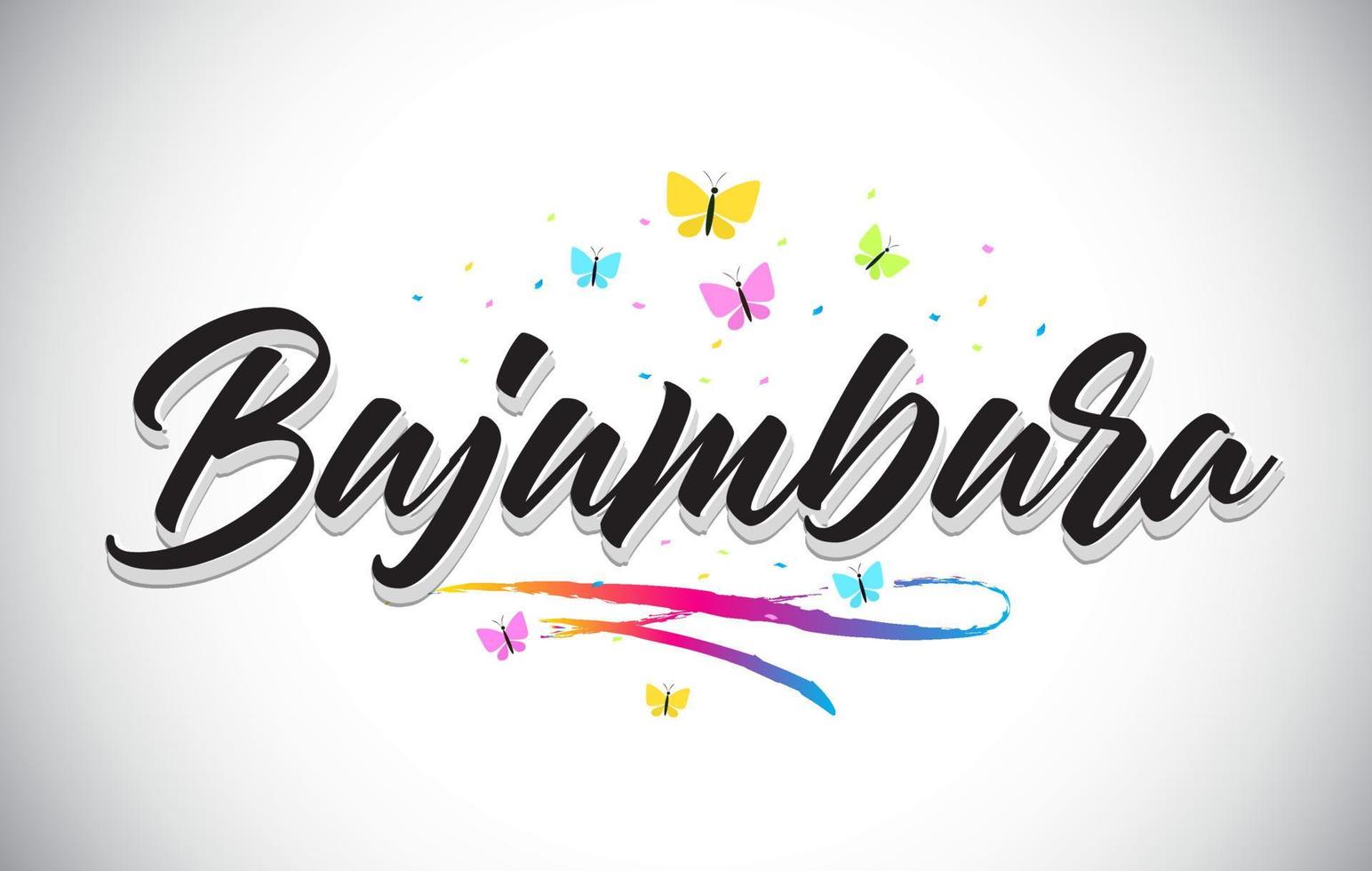 bujumbura handgeschreven vector word-tekst met vlinders en kleurrijke swoosh.