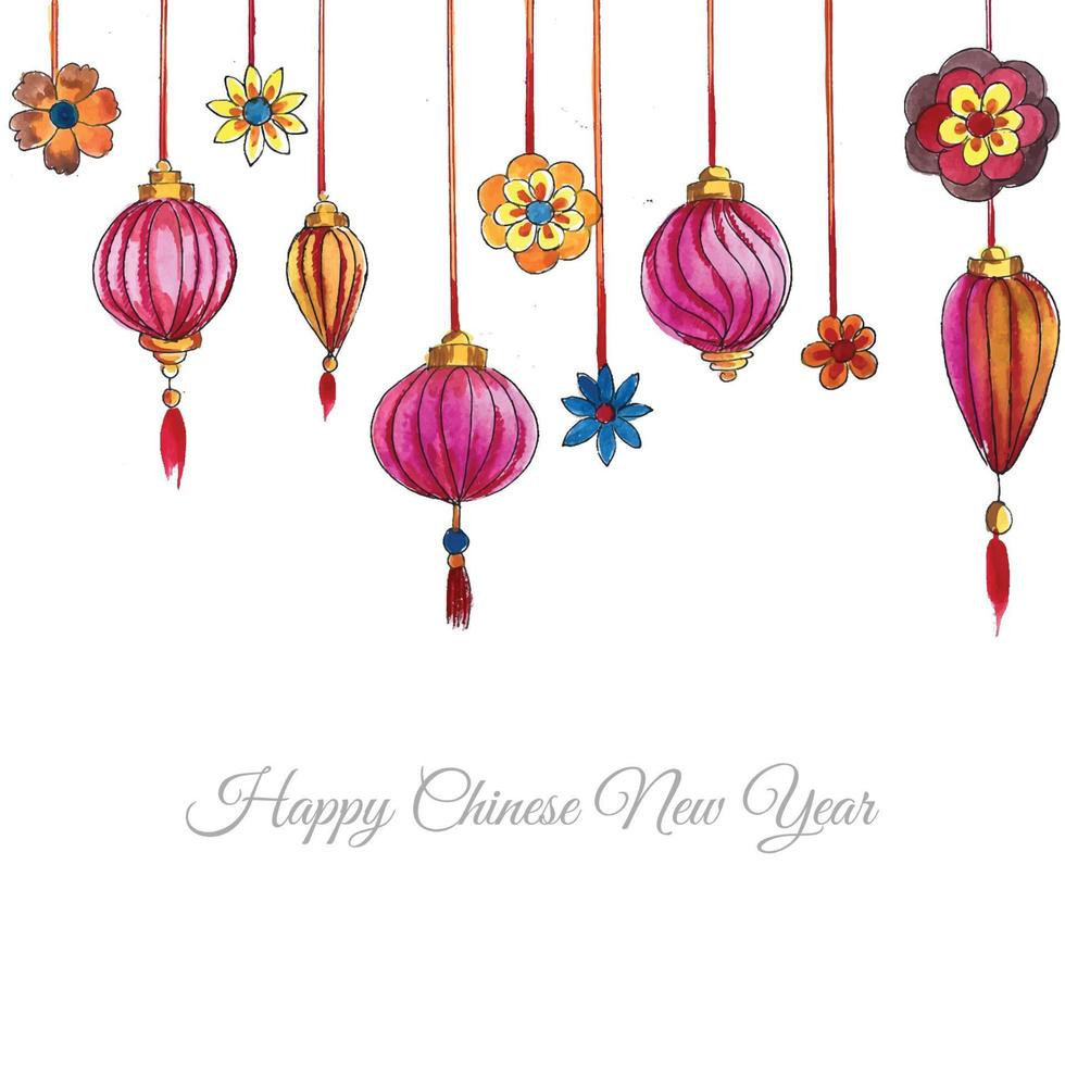 handgetekende decoratieve chinese lantaarns nieuwjaarskaart achtergrond vector