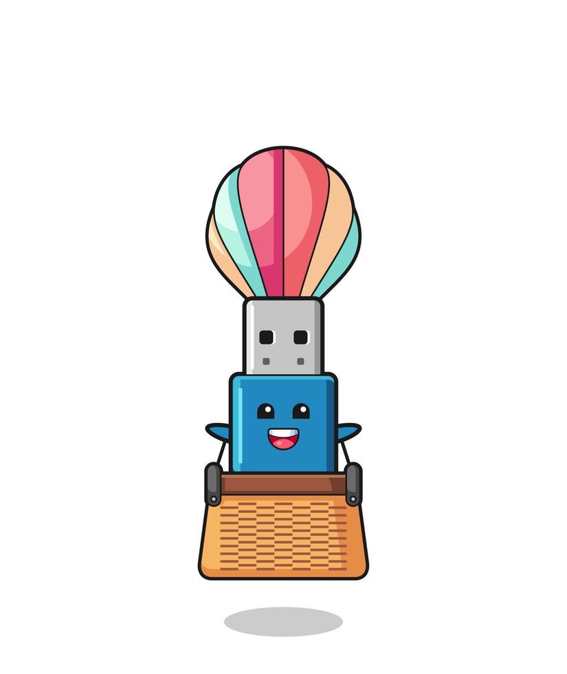 flash drive usb-mascotte rijden in een heteluchtballon vector