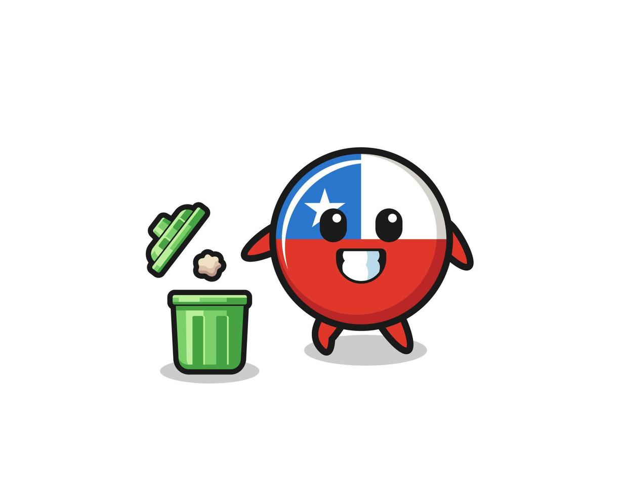 illustratie van de vlag van Chili die afval in de vuilnisbak gooit vector