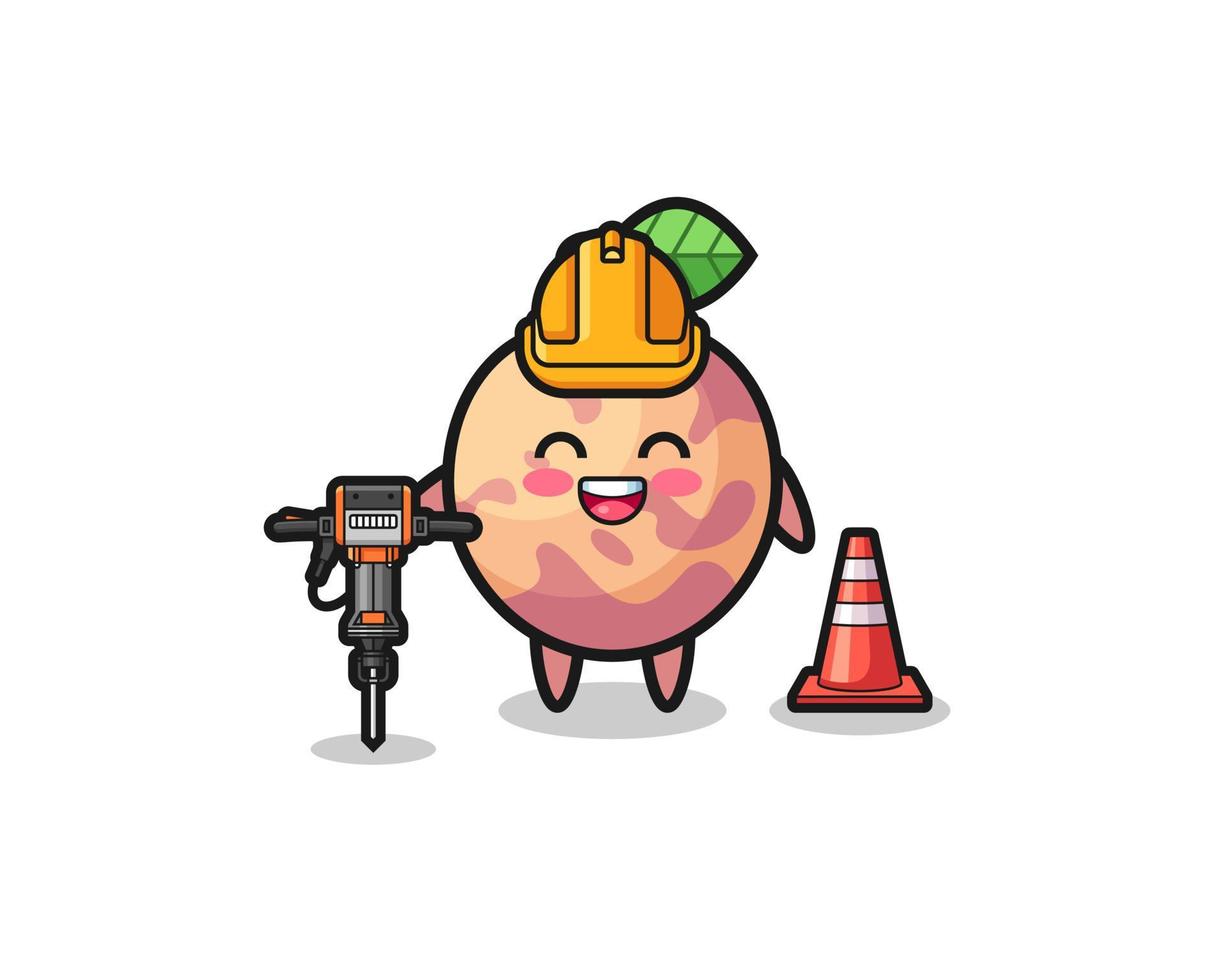 wegenwerker mascotte van pluot fruit met boormachine vector