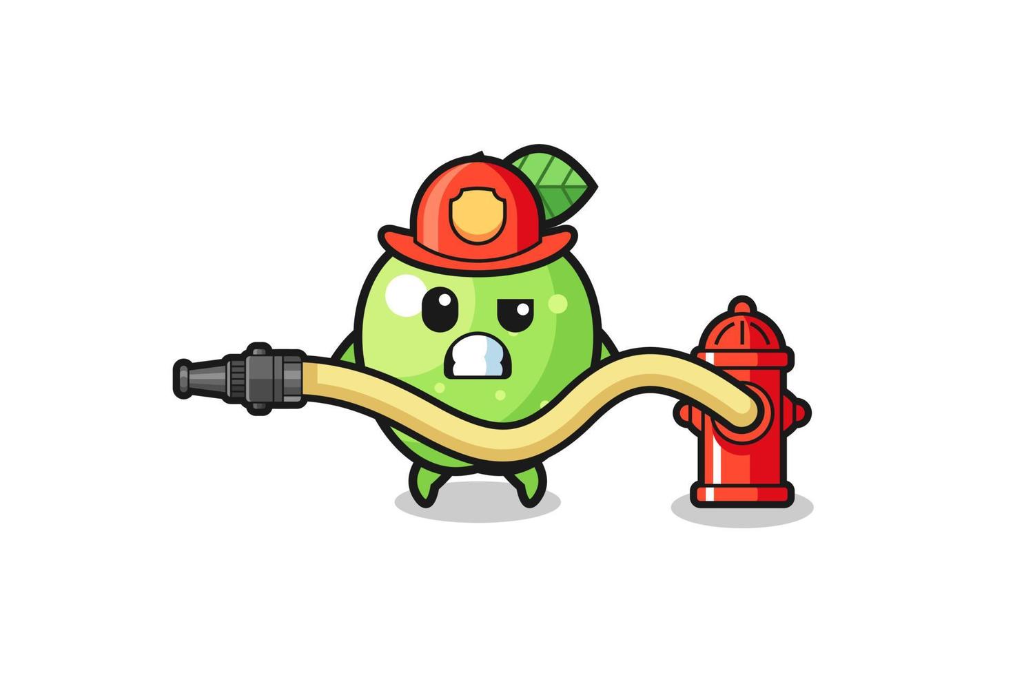 groene appel cartoon als brandweerman mascotte met waterslang vector