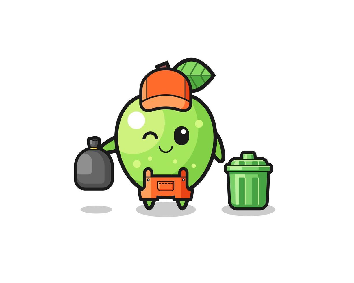 de mascotte van schattige groene appel als vuilnisman vector