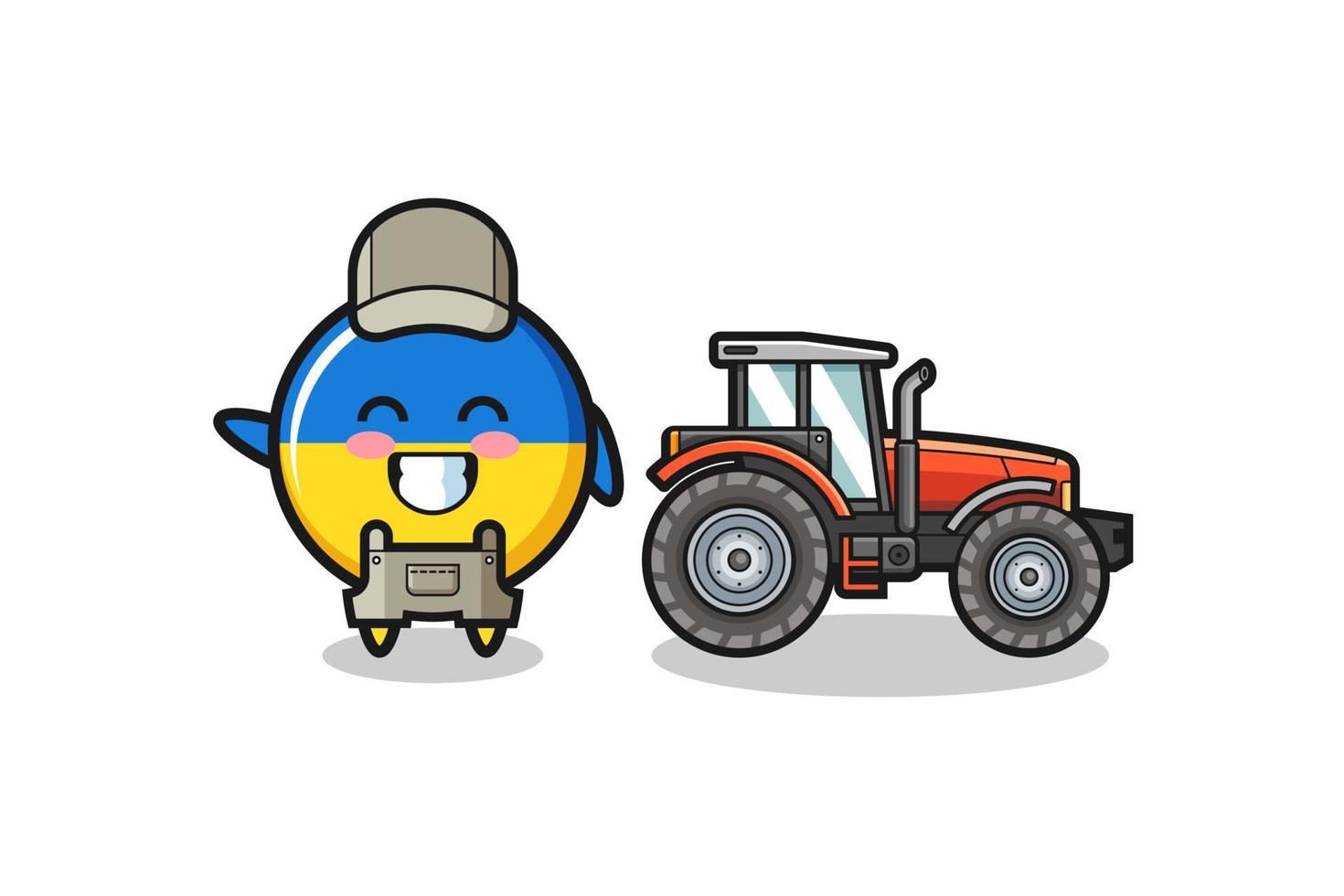 de boer-mascotte met de vlag van Oekraïne die naast een tractor staat vector