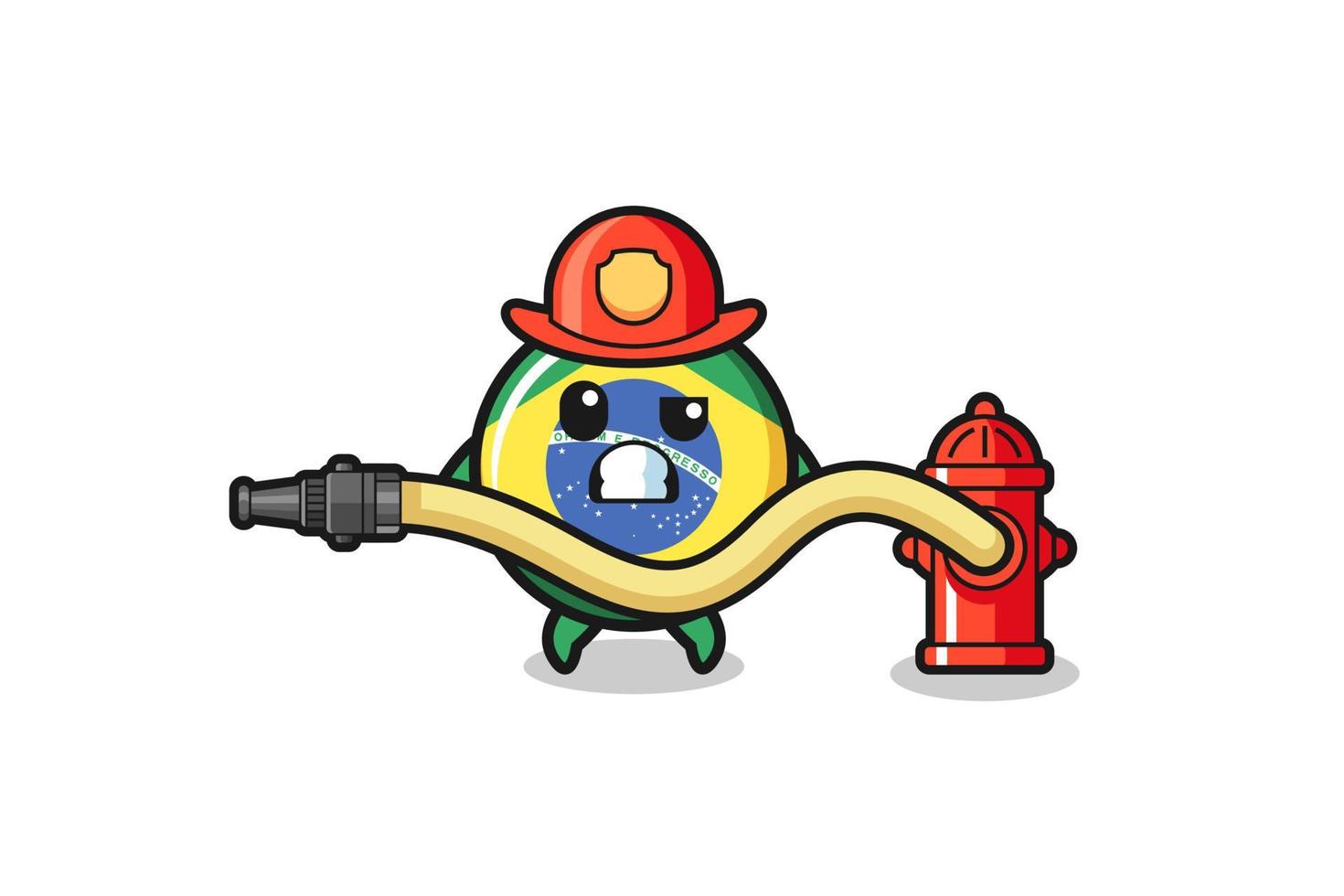 Braziliaanse vlag cartoon als brandweerman mascotte met waterslang vector