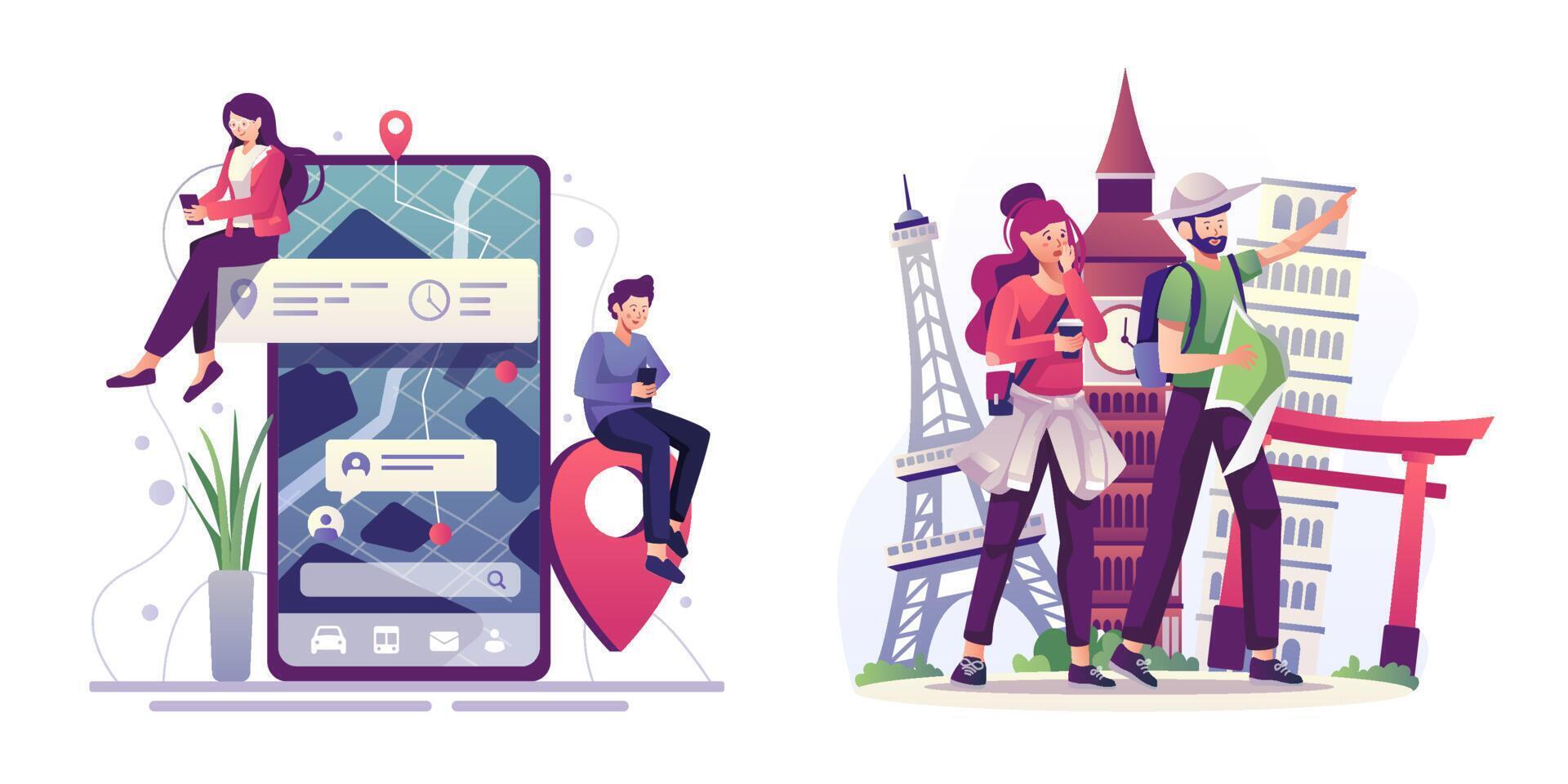 mensen die een wereldreis plannen, ze wijzen op een kaart en gebruiken een app op een mobiele telefoon vector