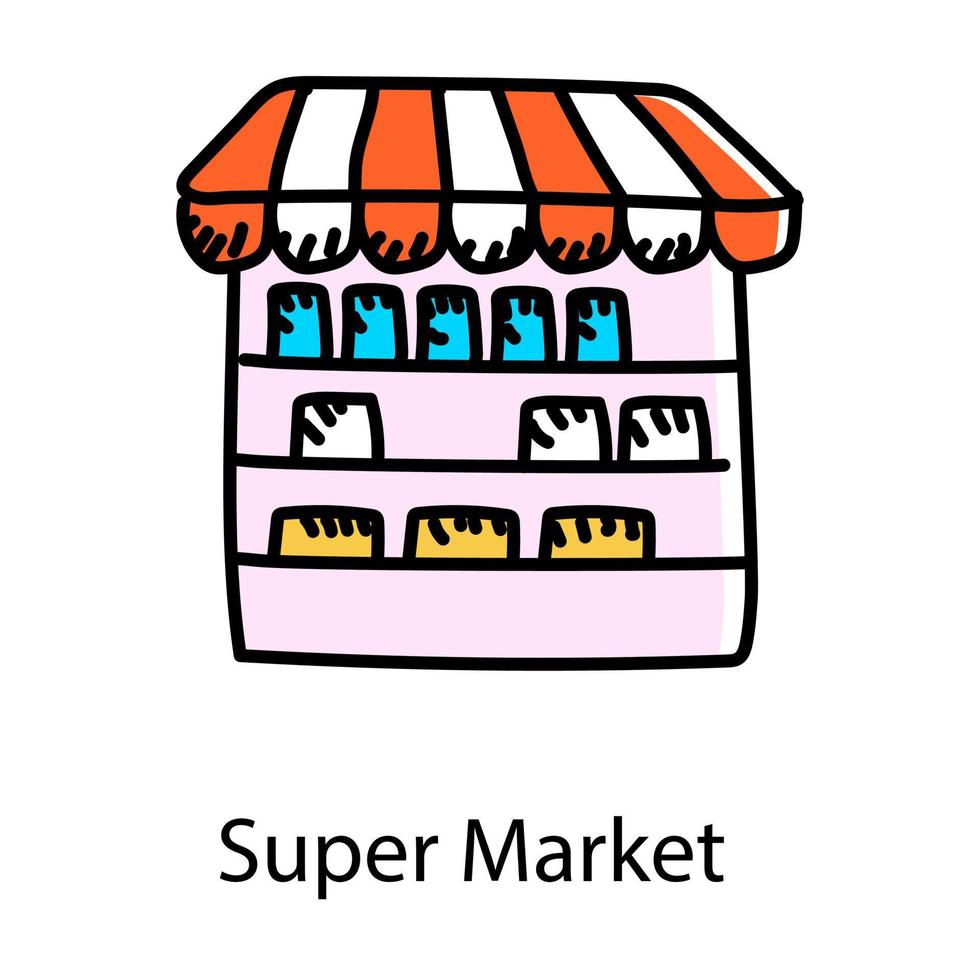 een commercieel gebouw, icoon van supermarkt in doodle design vector