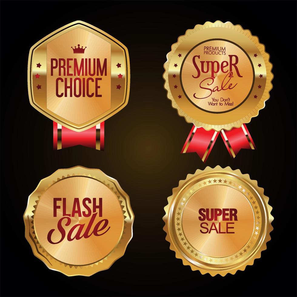 verkoop en hoogwaardige retro labels en badges gouden collectie vector