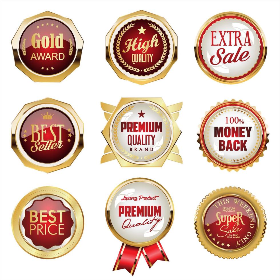 retro vintage gouden en rode badges en labels collectie vector