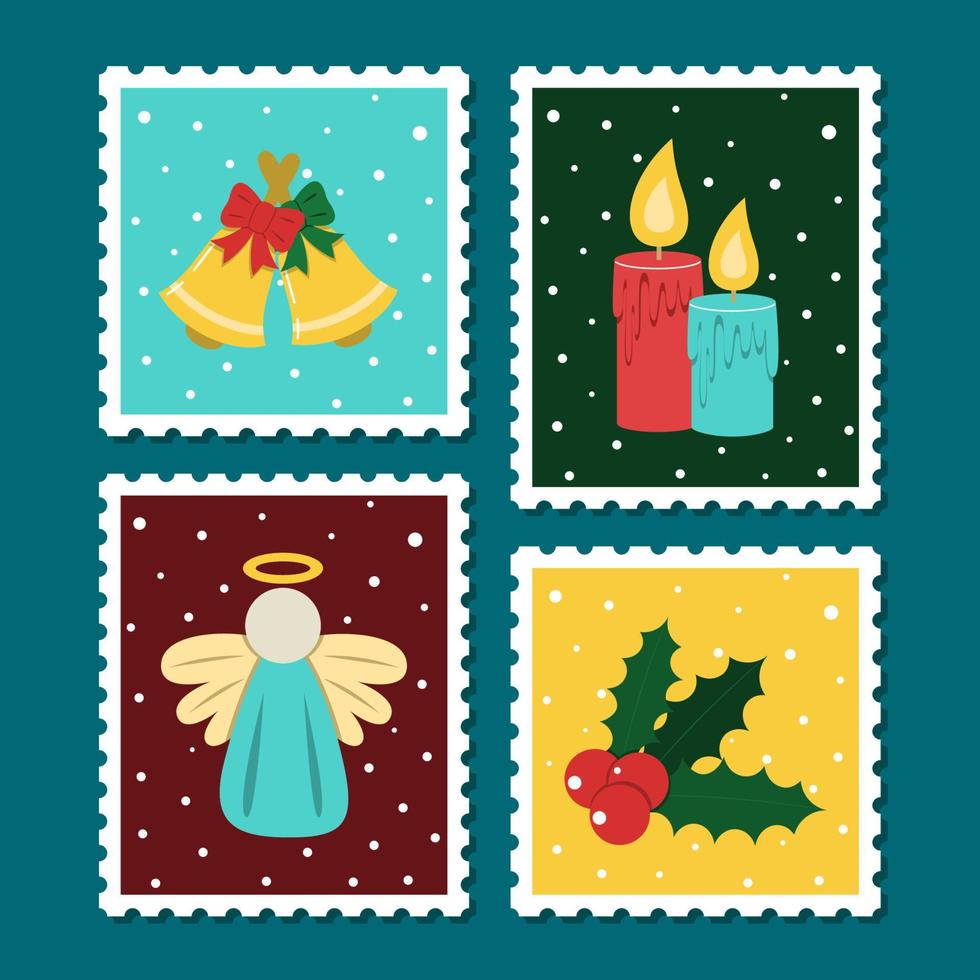 kerst postzegel set. vector cartoon afbeelding in poststempel sjabloon. winter thema collectie. kaars, engel, hooly, bel, boog