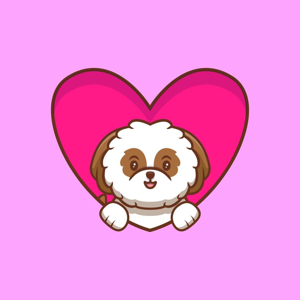 schattige shih-tzu puppy pop-up van hart en wuivende poten cartoon pictogram illustratie vector