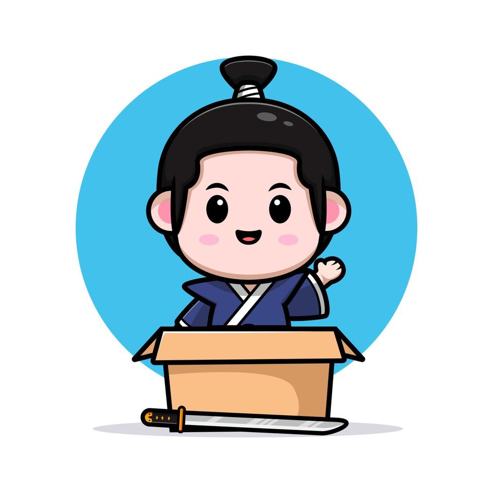 schattige samurai jongen mascotte cartoon icoon. kawaii mascotte karakter illustratie voor sticker, poster, animatie, kinderboek of ander digitaal en gedrukt product vector