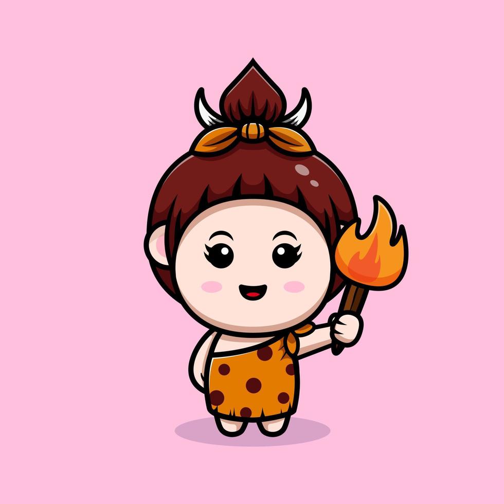 schattig primitief cavegirl mascotte cartoon icoon. kawaii mascotte karakter illustratie voor sticker, poster, animatie, kinderboek of ander digitaal en gedrukt product vector