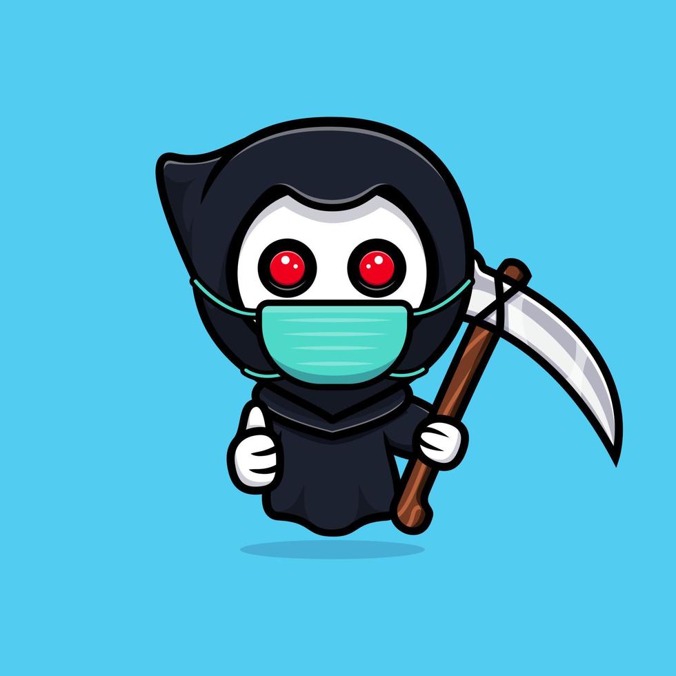 grim reaper die een masker draagt om het virus te voorkomen. schattige mascotte illustratie vector