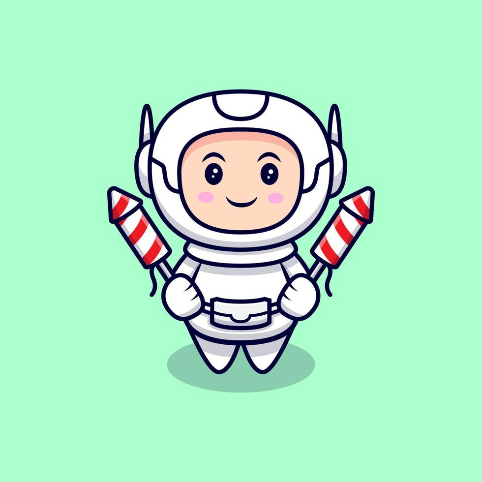 schattige astronaut houden vuurwerk cartoon vectorillustratie pictogram. platte cartoonstijl vector