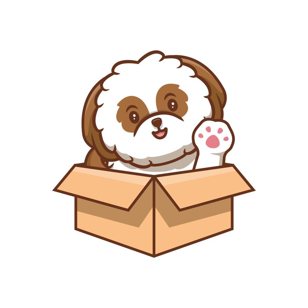 schattige shih-tzu puppy zwaaiende poten in doos cartoon pictogram illustratie vector