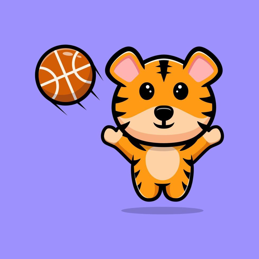 schattige tijger die basketbal cartoon mascotte speelt vector