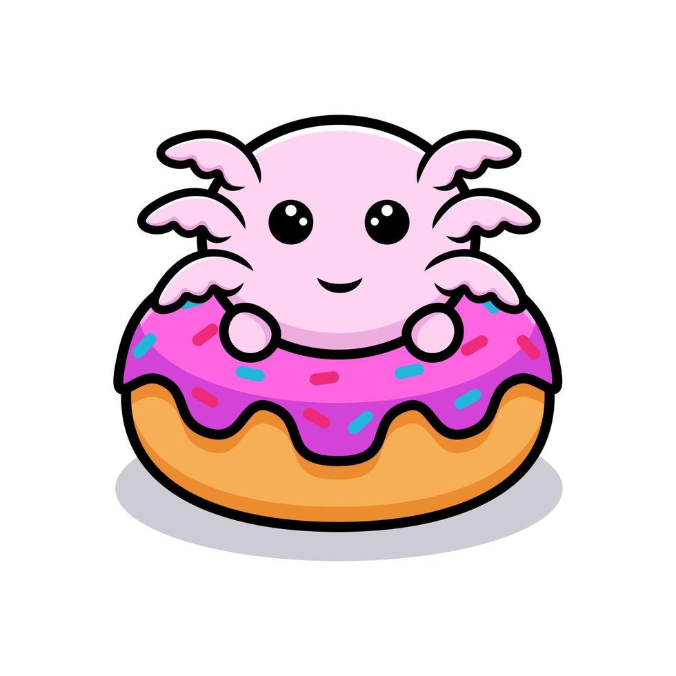 schattige oxolotl in donut stripfiguur vector