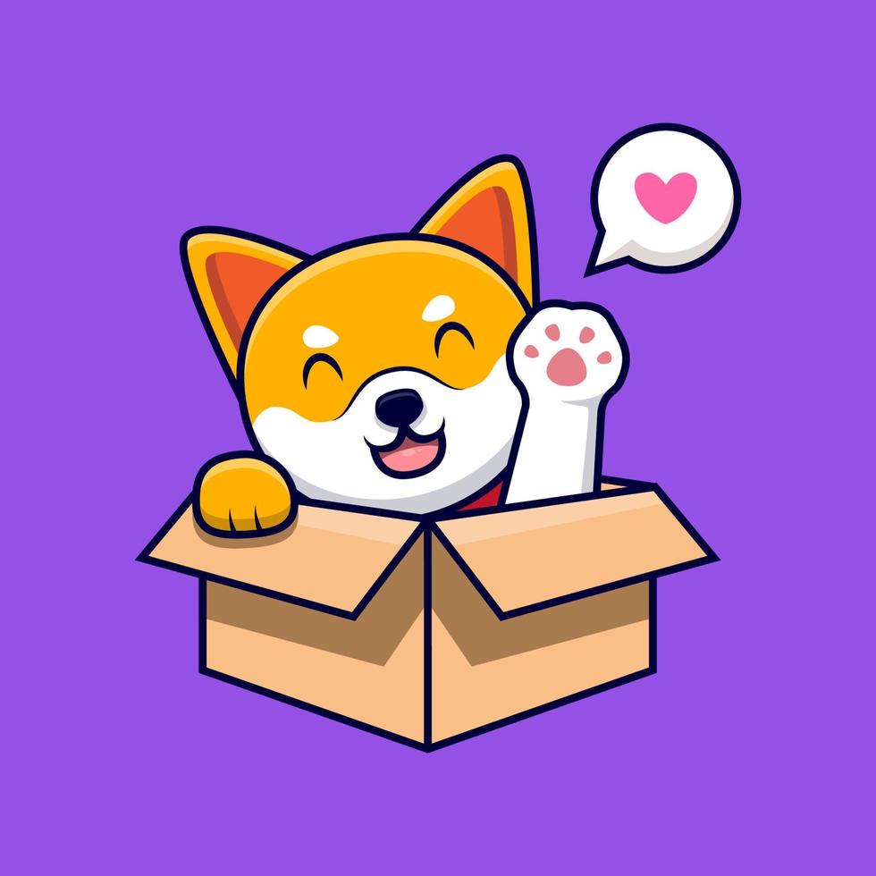 schattige shiba inu hond zwaaiende poten in een doos cartoon pictogram illustratie vector