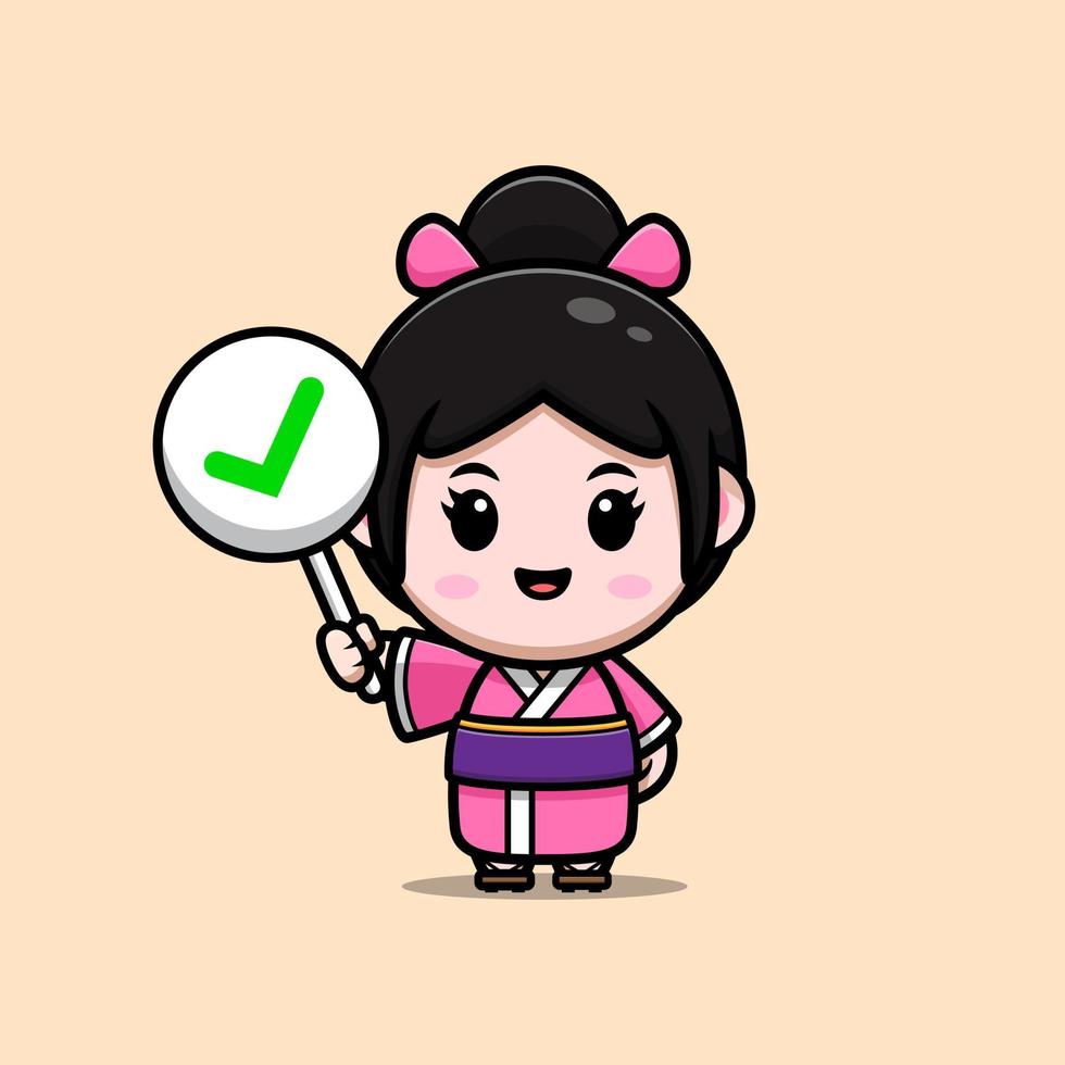 schattig meisje dragen kimono mascotte cartoon icoon. kawaii mascotte karakter illustratie voor sticker, poster, animatie, kinderboek of ander digitaal en gedrukt product vector