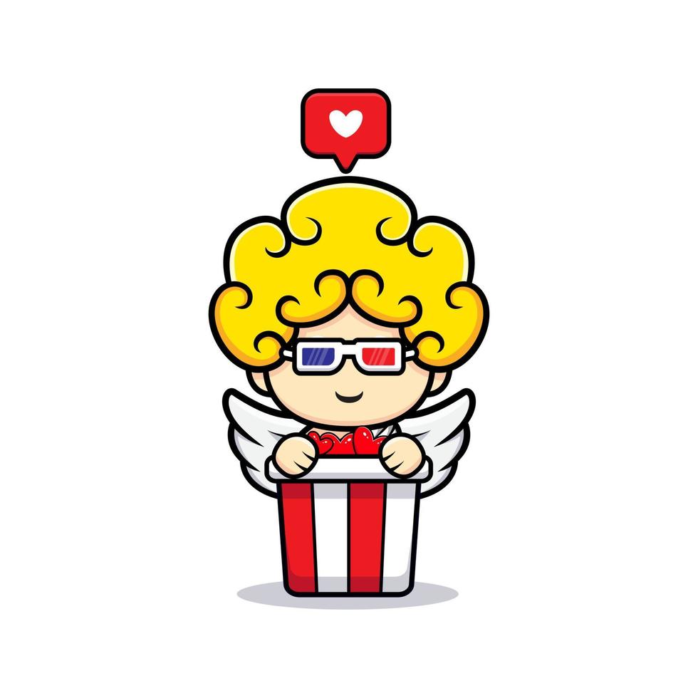 ontwerp van schattige cupido die liefdesfilm kijkt en popcorn eet vector