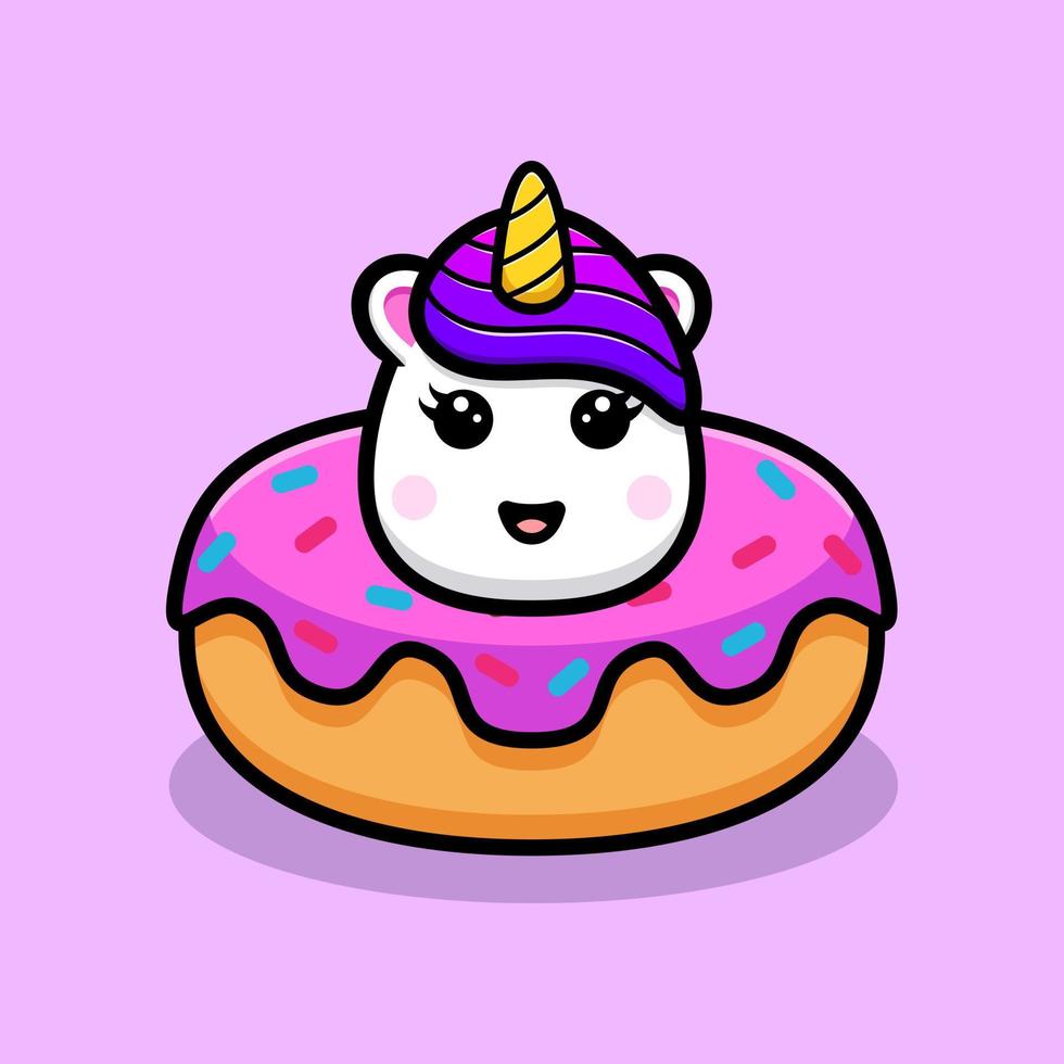 schattig eenhoornhoofd in het ontwerp van de donutmascotte vector