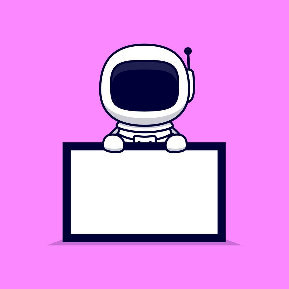 schattige astronaut bedrijf lege tekst bord cartoon vector pictogram illustratie. platte cartoonstijl