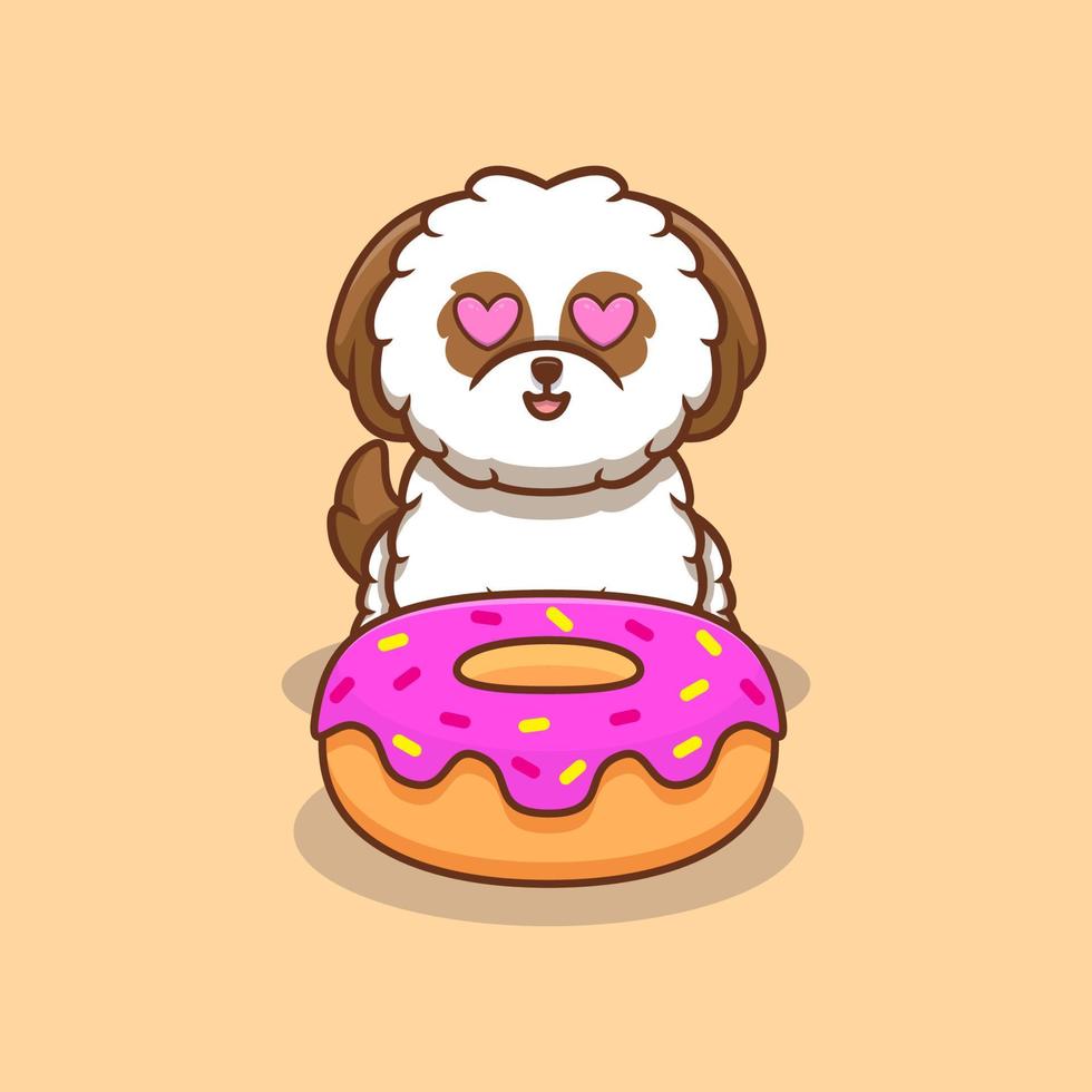 schattige shih-tzu puppy houdt van donut cartoon pictogram illustratie vector