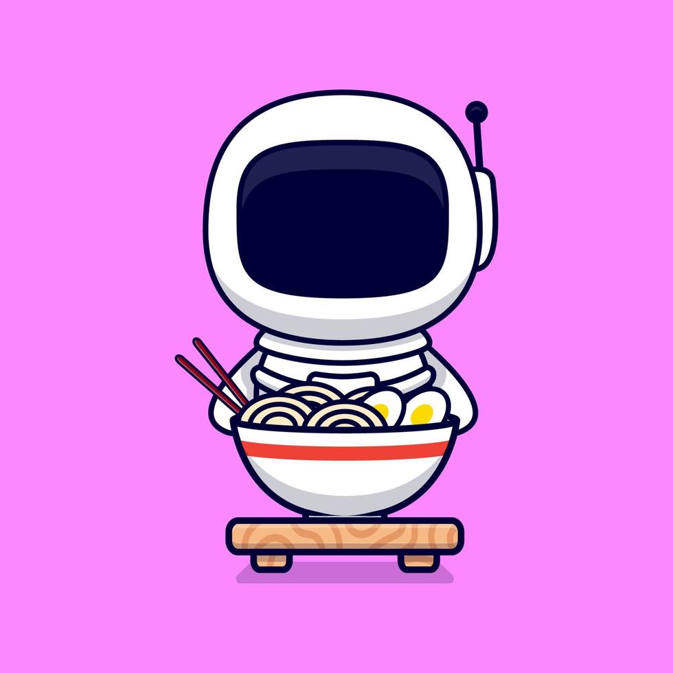 schattig astronaut eatiang ramen noodle cartoon vector pictogram illustratie. platte cartoonstijl