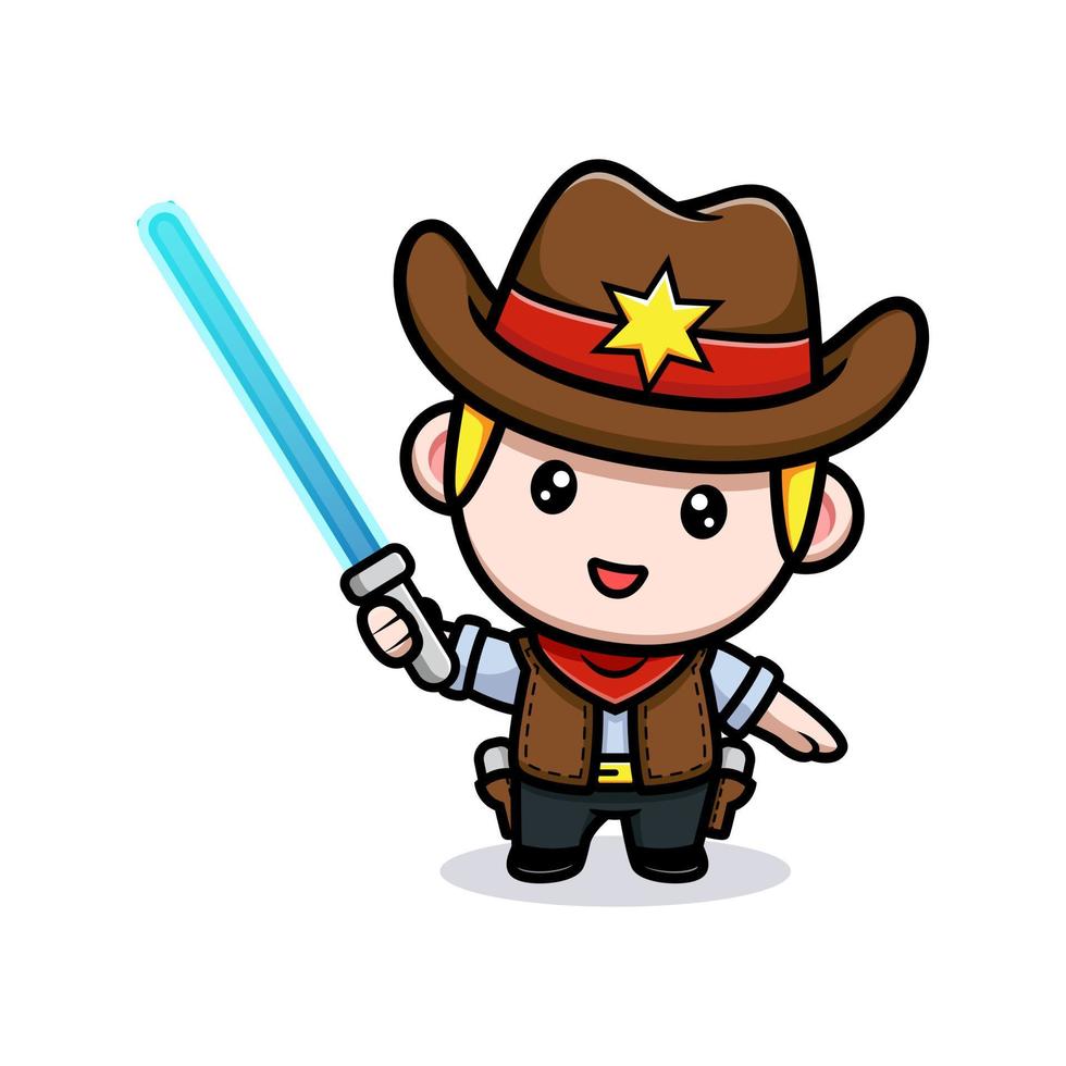 schattige kleine cowboy met laserzwaard mascotte illustratie vector