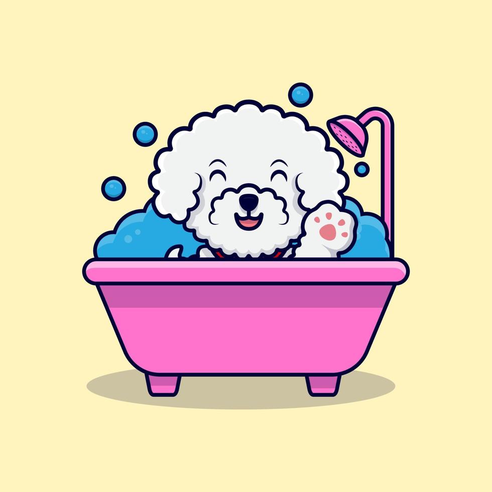 schattige bichon frise hond zwaaiende poten in badkuip cartoon pictogram illustratie vector