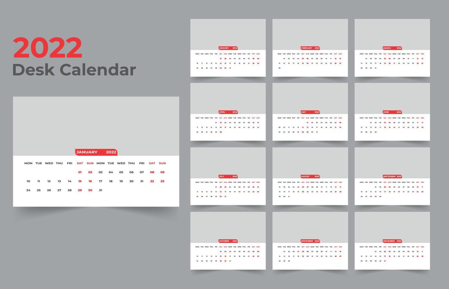 bureaukalender ontwerp 2022. week begint op maandag. sjabloon voor jaarkalender 2022 vector