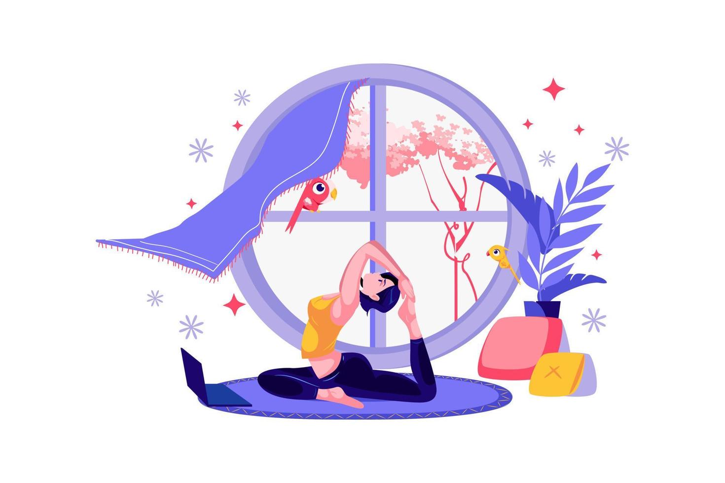 meisje doet yoga en meditatie in het concept van de huisillustratie. vlakke afbeelding geïsoleerd op een witte achtergrond. vector