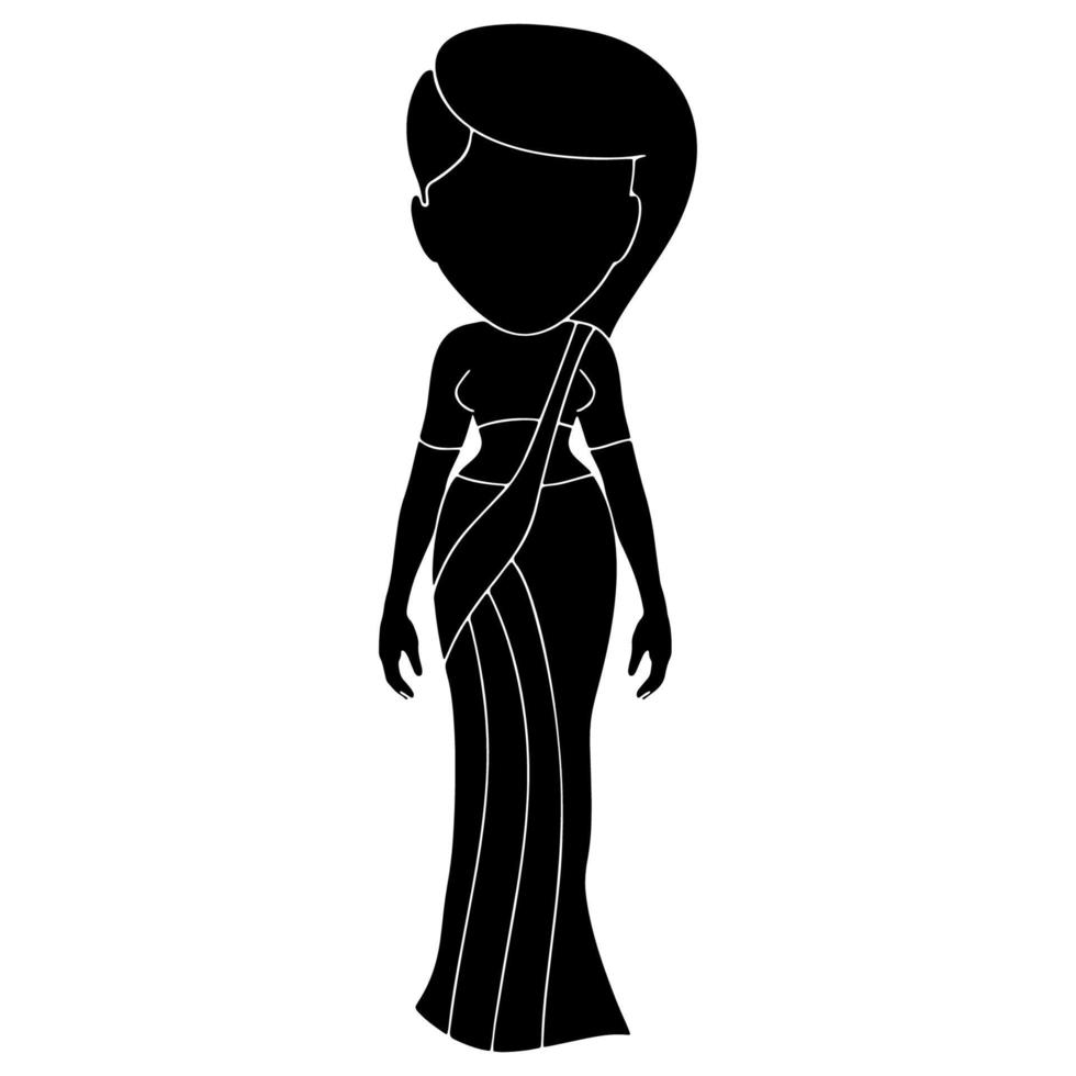 Indiase vrouwen in staande pose dragen saree karakter silhouet op witte achtergrond. vector