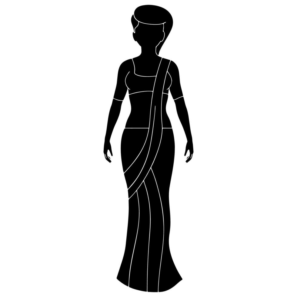 Indiase vrouwen in staande pose dragen saree karakter silhouet op witte achtergrond. vector