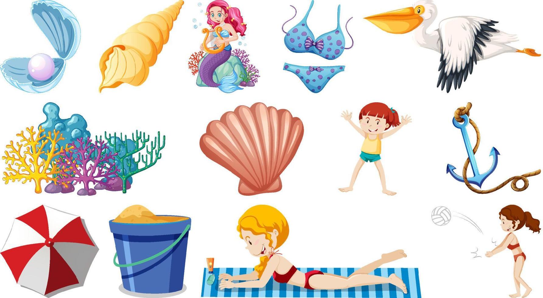 set zomerstrandobjecten en stripfiguren vector