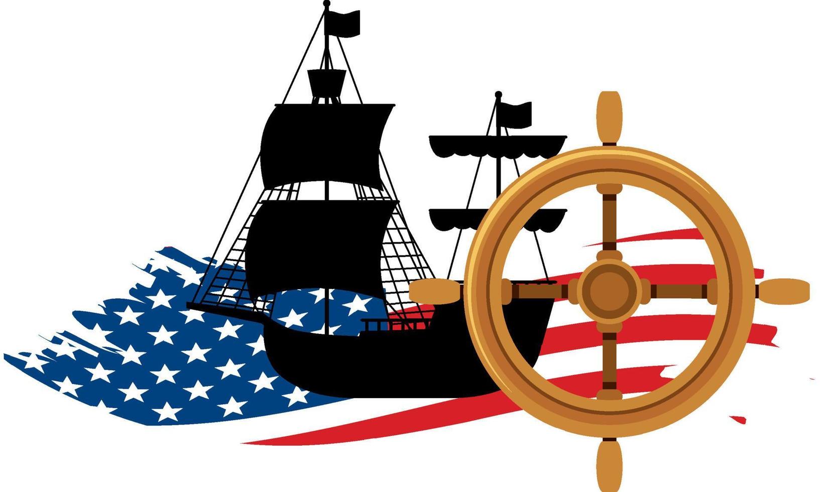 christopher columbus schip silhouet met vlag van verenigde staten vector