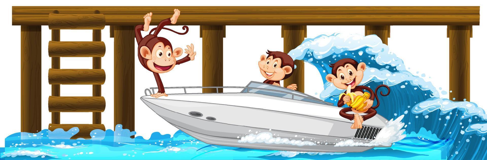 houten pier met veel apen op speedboot vector