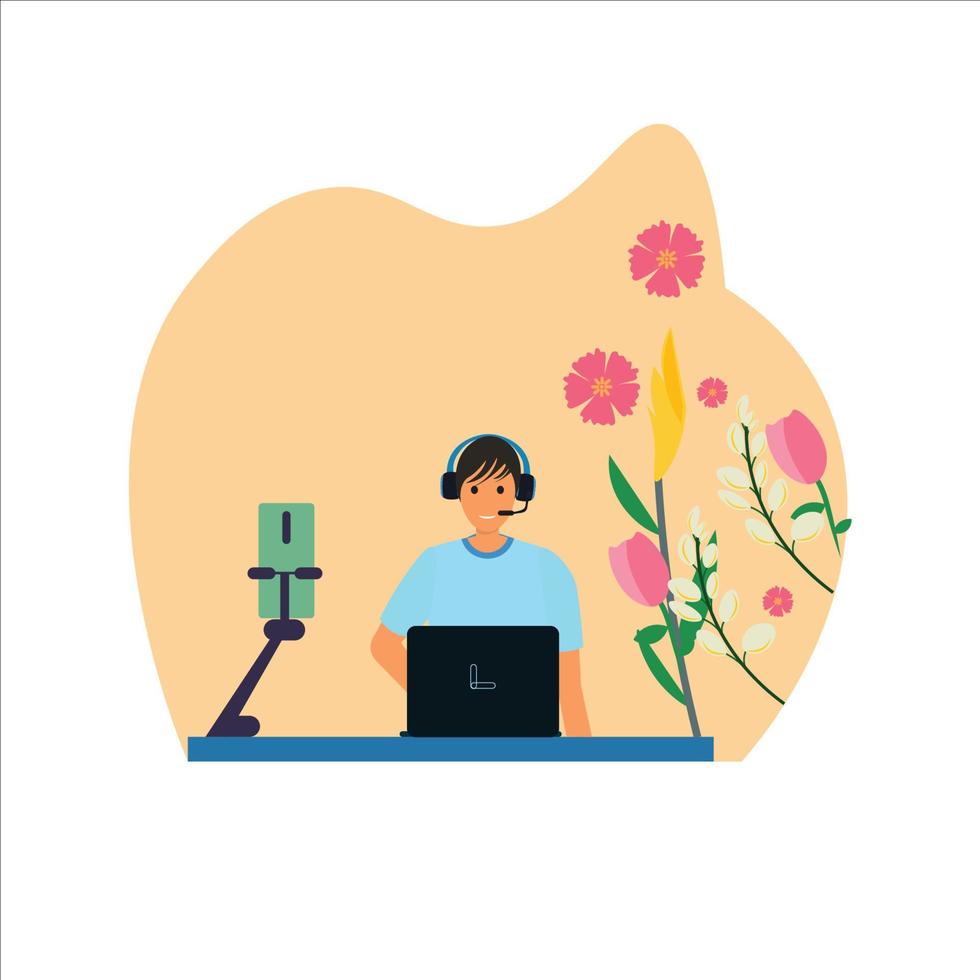 vectorillustratie van een jongen die een spel speelt op een laptop die een hoofdtelefoon draagt, met een bloemenachtergrond. vector
