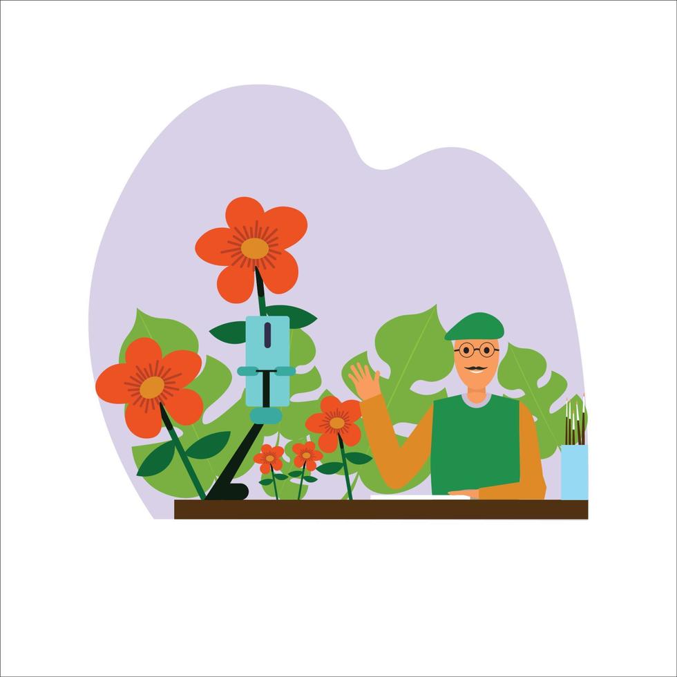 vectorillustratie van een mannelijke schilder in glazen die een live-uitzending doet op online sociale media, op een florale achtergrond. vector