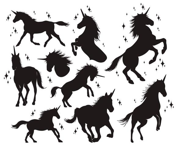Magisch eenhoornsilhouet, Modieuze pictogrammen, wijnoogst, achtergrond, paardentatoegering. vector