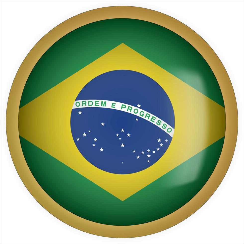 brazilië 3d afgeronde vlag knoppictogram met gouden frame vector