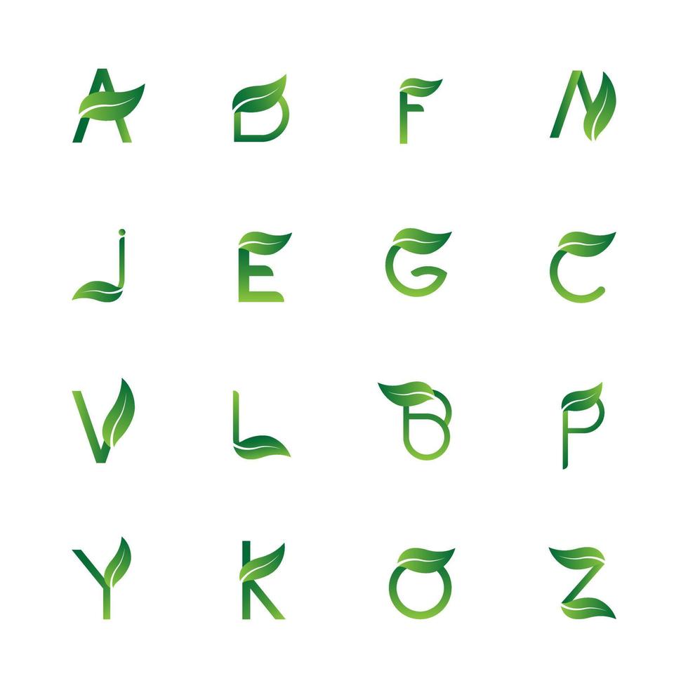 groene alfabet letter initialen set logo met bladeren. unieke en eenvoudige symbolen. witte achtergrond. moderne sjablonen. voor corporate branding en grafisch ontwerp. vector illustratie