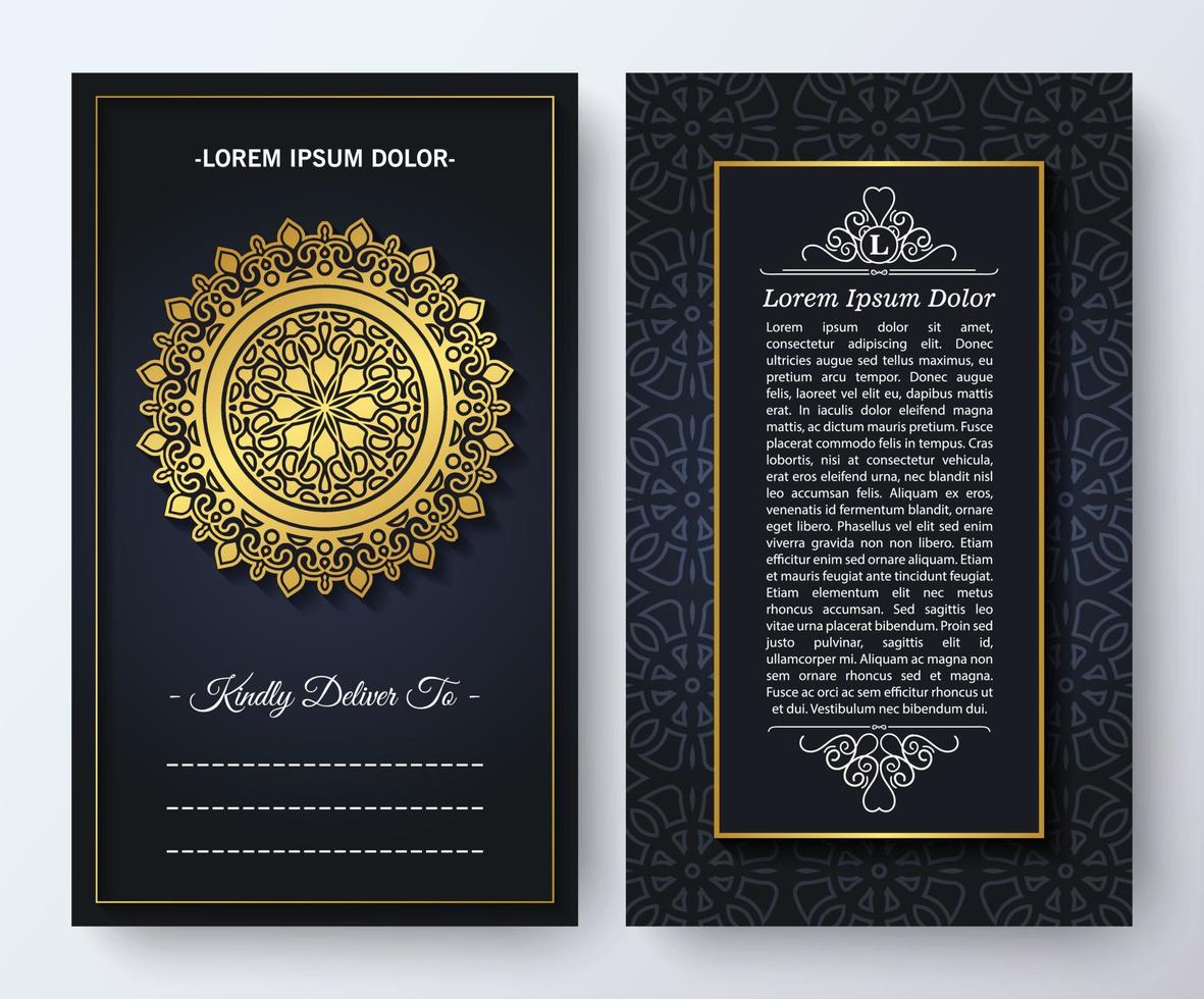 luxe visitekaartje en vintage ornament logo vector sjabloon. retro elegant bloeit sierkaderontwerp en patroonachtergrond.